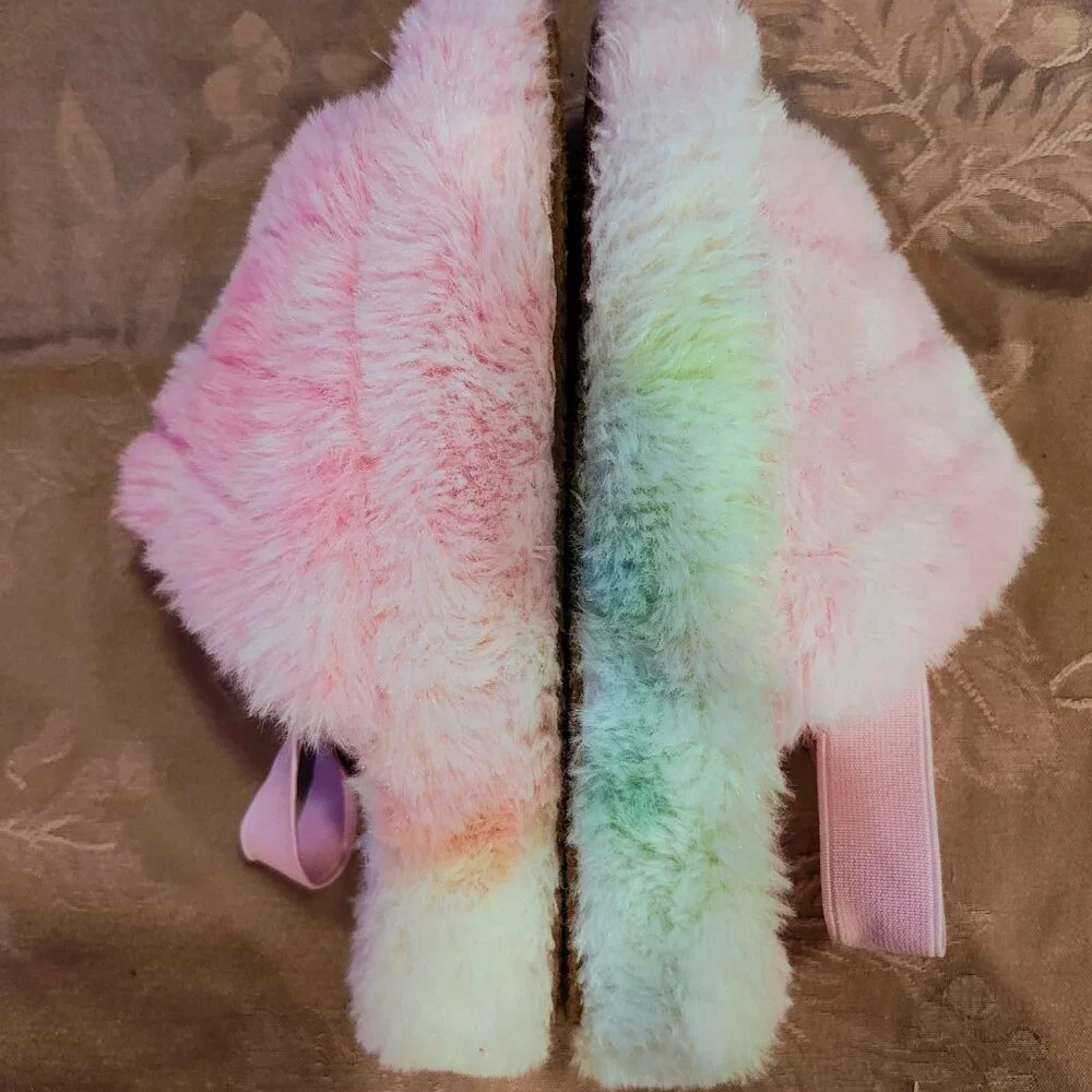 FabKids Rainbow Fluffy Slippers, Size 13, Gently Used